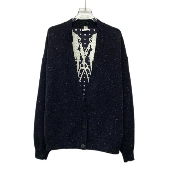 Hermès Black Wool V-Neck Long-Sleeve Cardigan With Star Print Lining Size 38 Mad - Picture 1 of 8